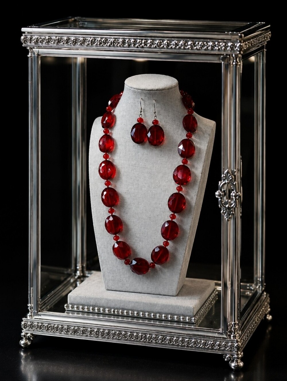 Red Siam Glass Faceted Necklace and Earrings Silver Tone Lifesaver Clasp Heavy